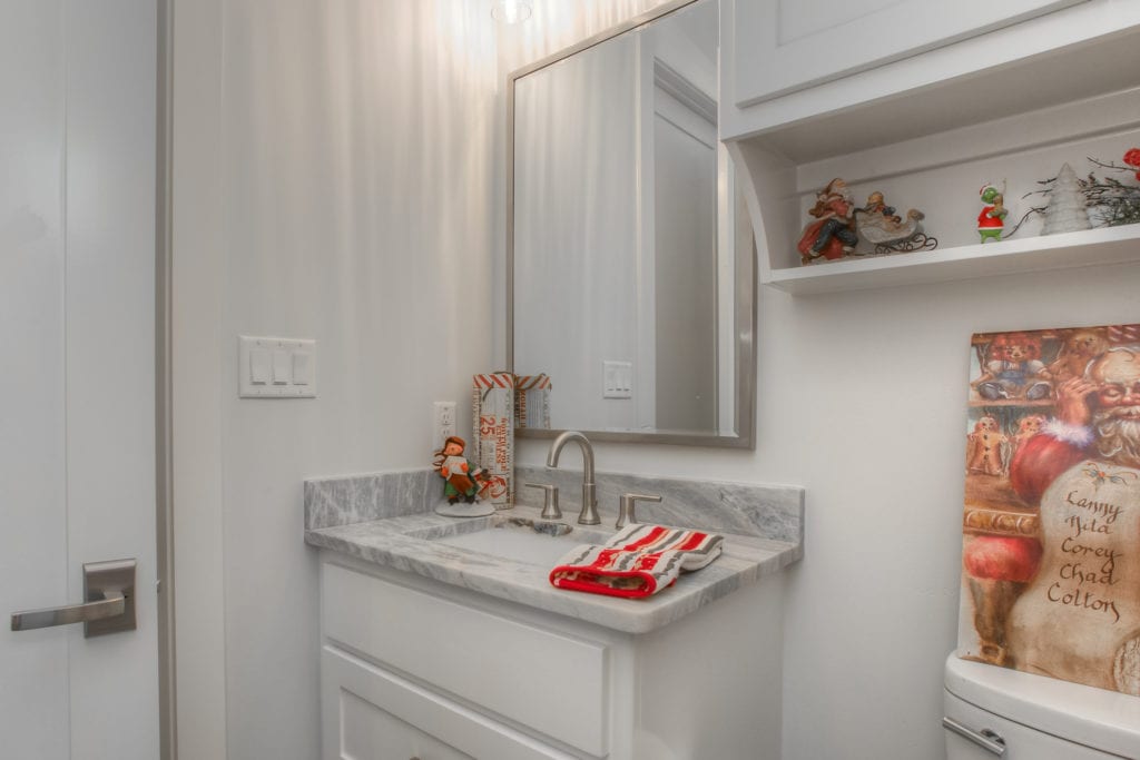 A bathroom vanity with holiday decorations