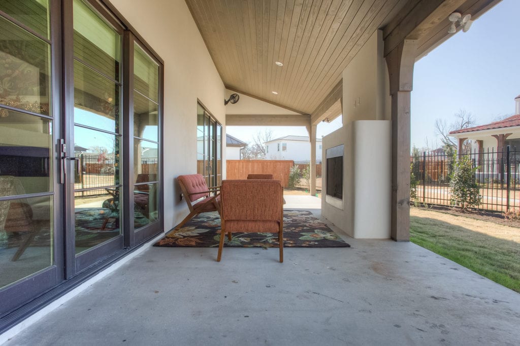 A side view of the outdoor fireplace